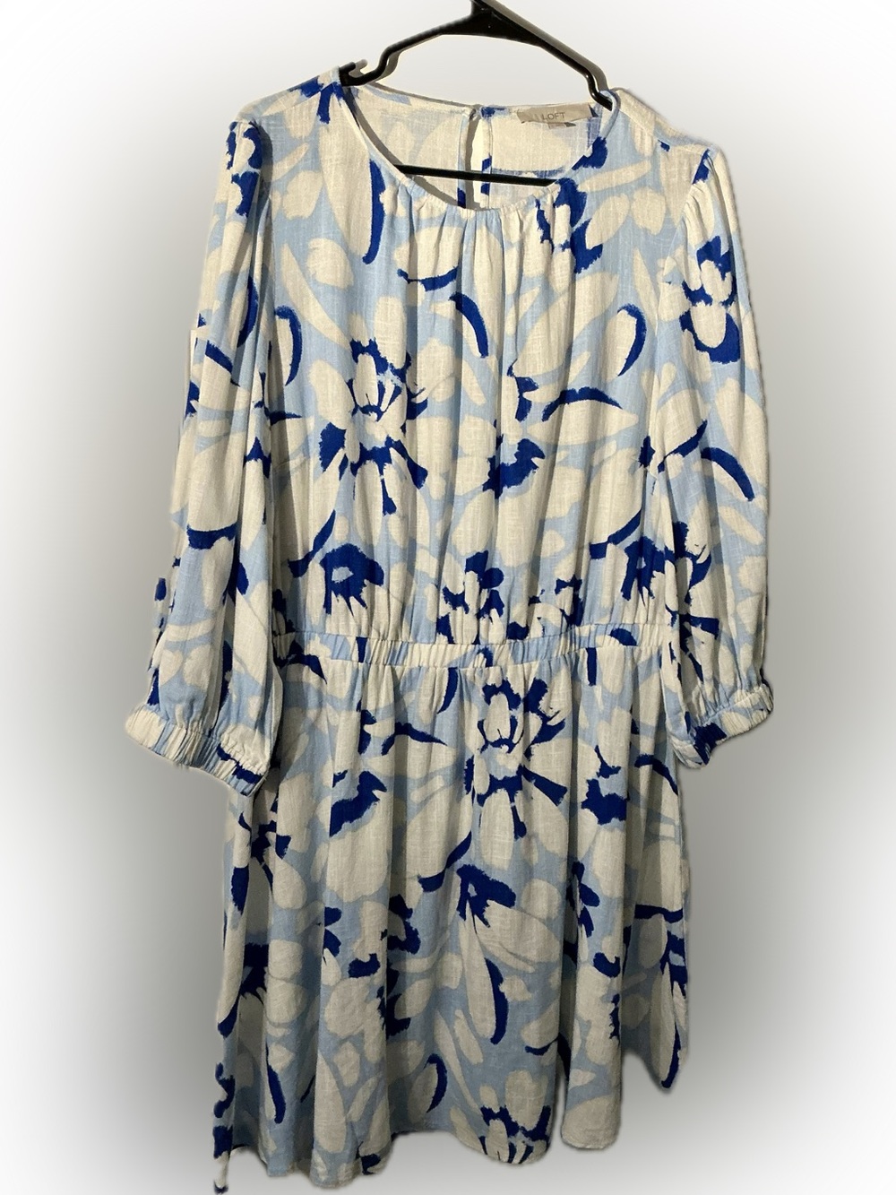LOFT Blue & White Abstract Floral Dress | Size Large | Soft Flowy Fit